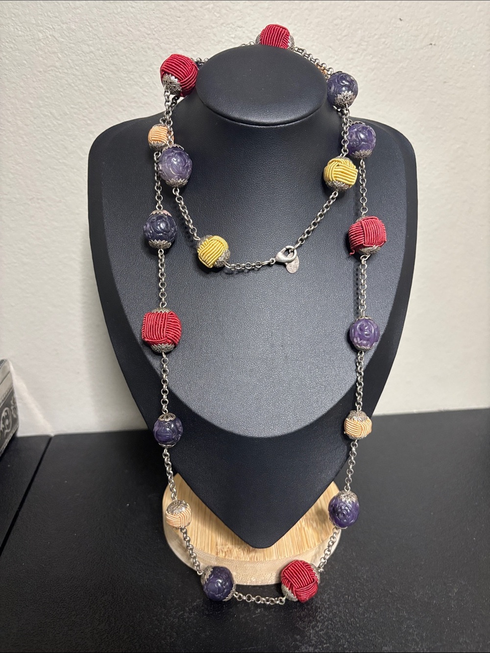 Laila Rowe Multi-Color Carved Beaded Long Necklace Red, Purple & Yellow Accent